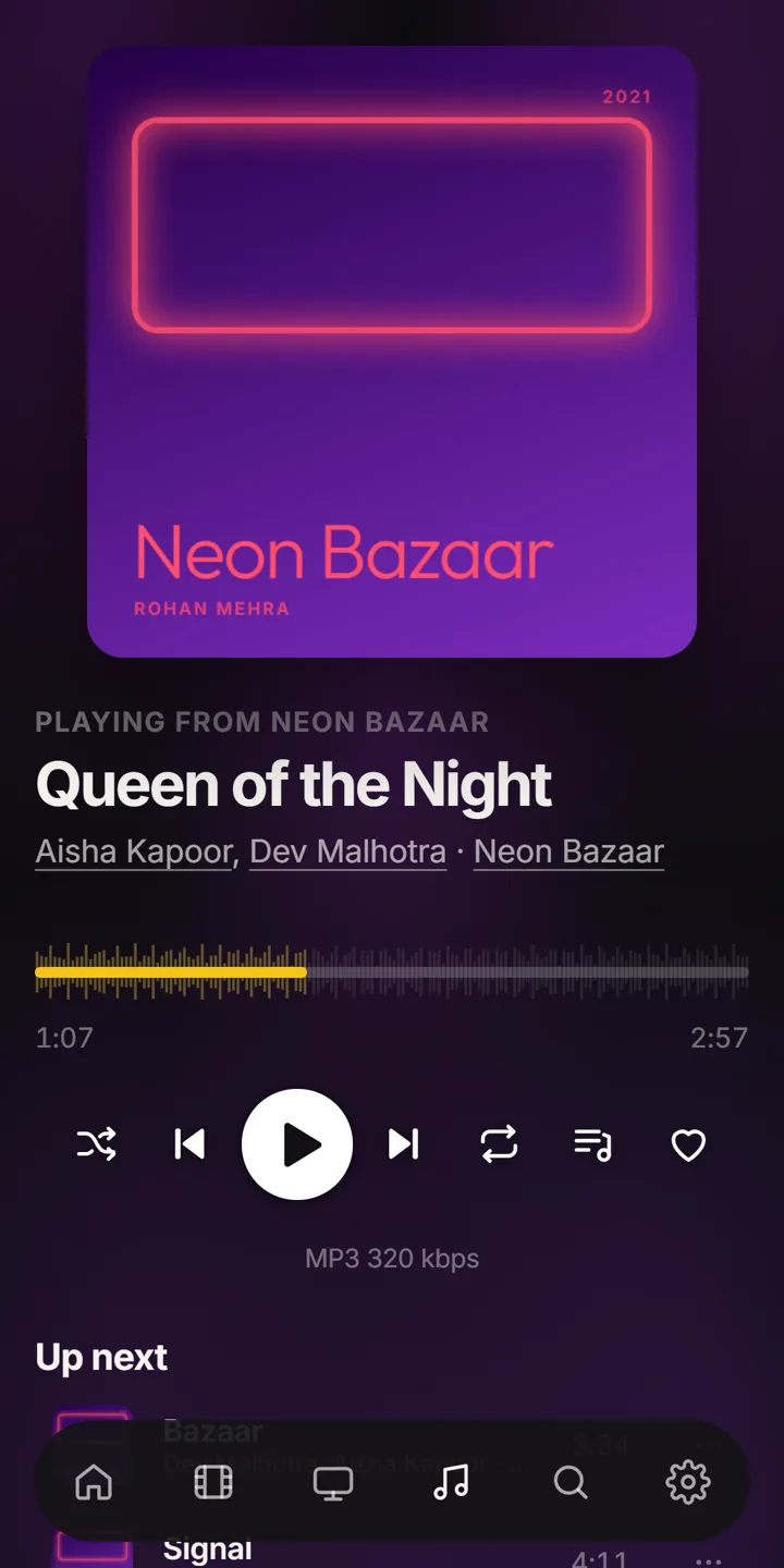 localpass.tv on a phone: a song playing with its cover, waveform and controls