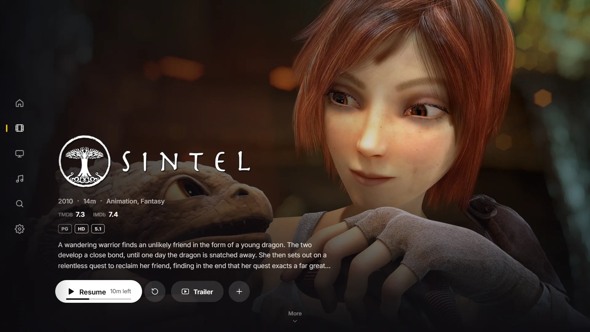 A film's page on a TV, with title art, ratings, Play and Trailer