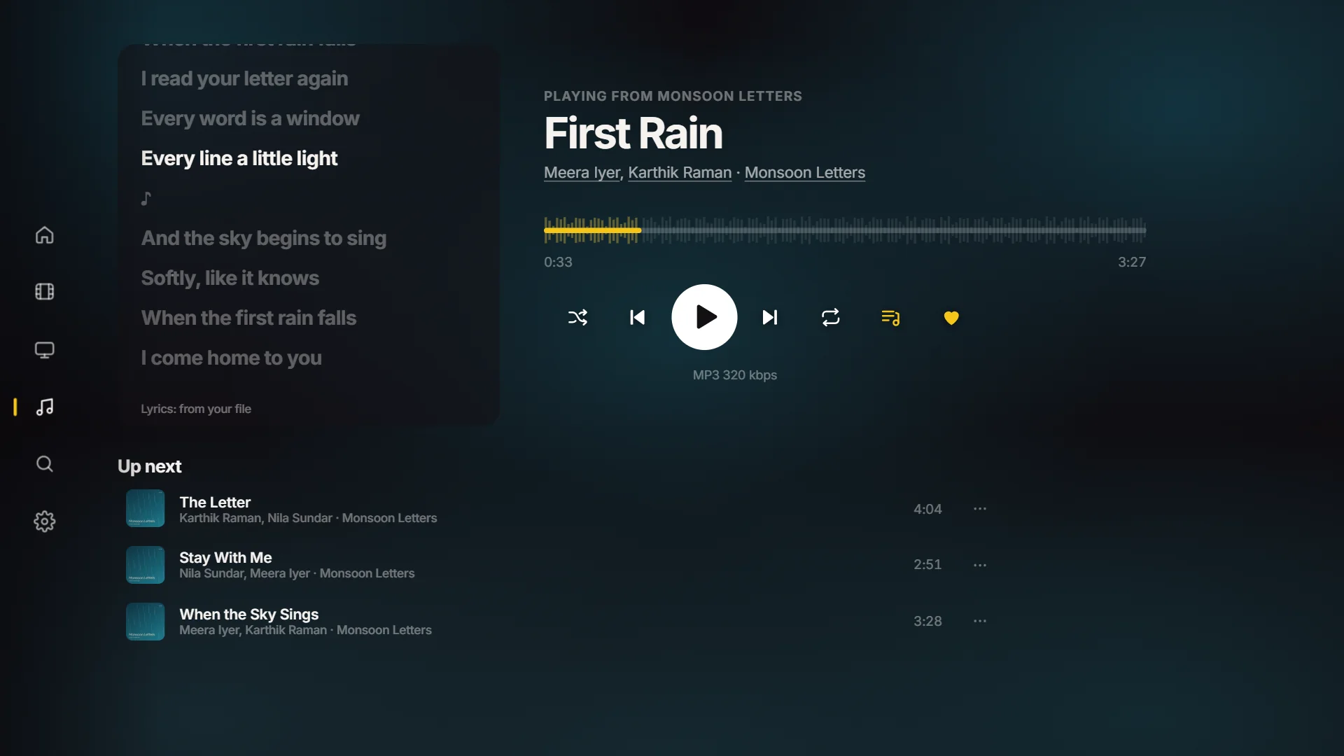 Now Playing on a TV: timed lyrics, a waveform and the songs that play next